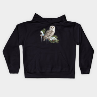 Snowy Owl on Icy Pine Branch Vintage Winter Art Kids Hoodie