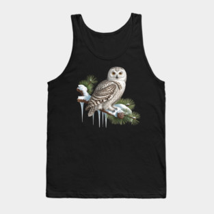 Snowy Owl on Icy Pine Branch Vintage Winter Art Tank Top