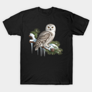 Snowy Owl on Icy Pine Branch Vintage Winter Art T-Shirt