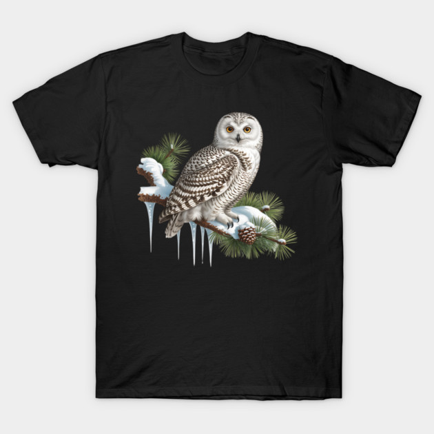 Snowy Owl on Icy Pine Branch Vintage Winter Art T-Shirt by BirdsnStuff
