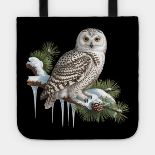 Snowy Owl on Icy Pine Branch Vintage Winter Art Tote