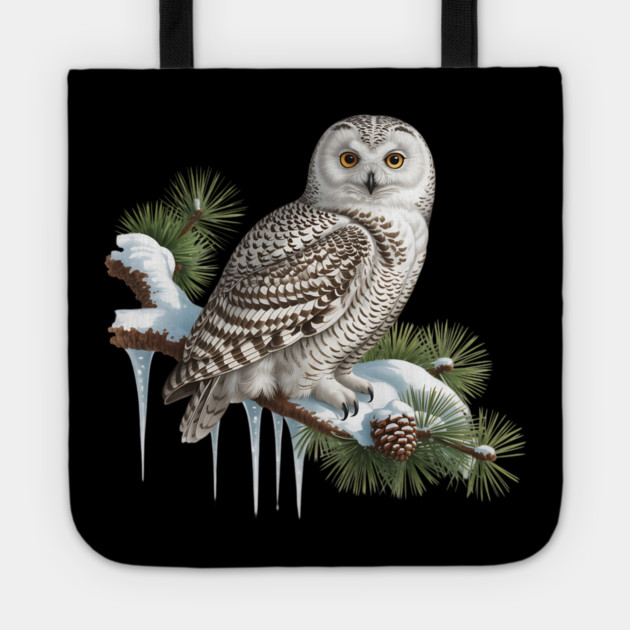 Snowy Owl on Icy Pine Branch Vintage Winter Art Tote by BirdsnStuff