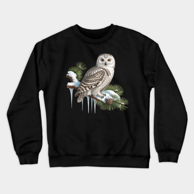 Snowy Owl on Icy Pine Branch Vintage Winter Art Crewneck Sweatshirt by BirdsnStuff