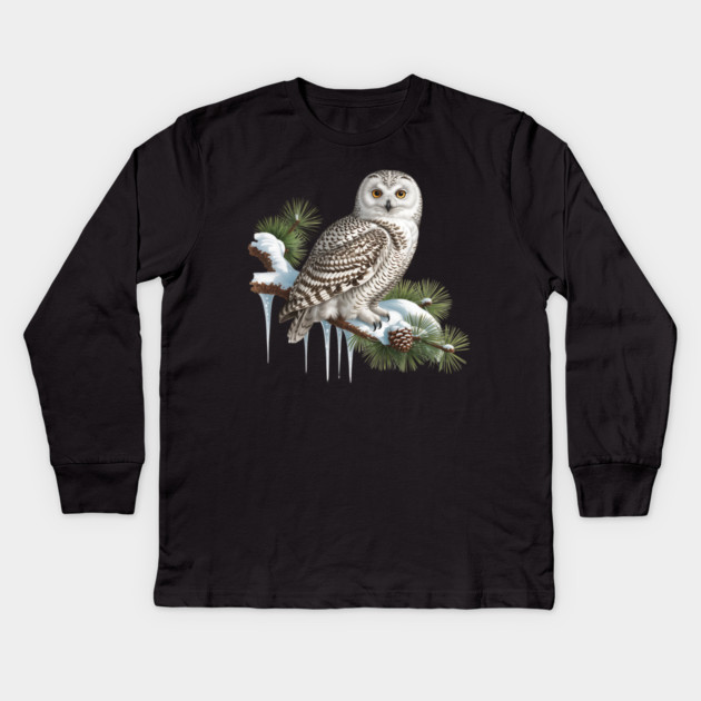 Snowy Owl on Icy Pine Branch Vintage Winter Art Kids Long Sleeve T-Shirt by BirdsnStuff
