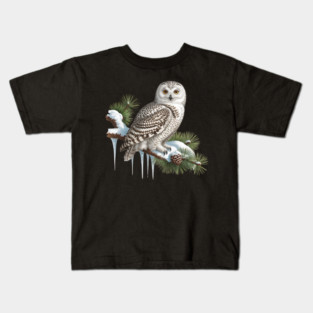 Snowy Owl on Icy Pine Branch Vintage Winter Art Kids T-Shirt