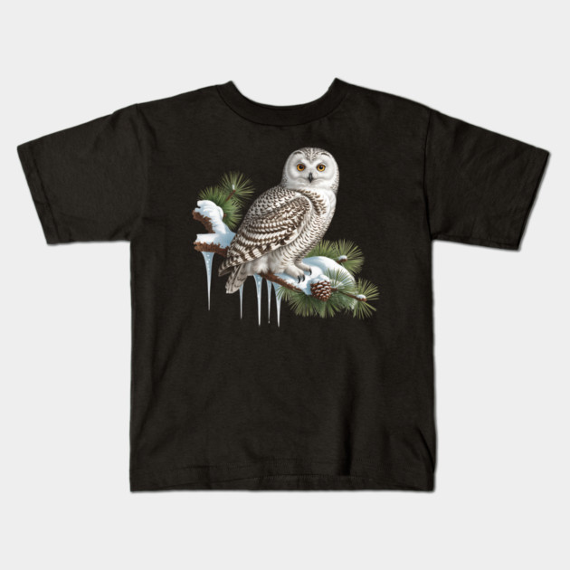 Snowy Owl on Icy Pine Branch Vintage Winter Art Kids T-Shirt by BirdsnStuff