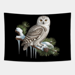 Snowy Owl on Icy Pine Branch Vintage Winter Art Tapestry