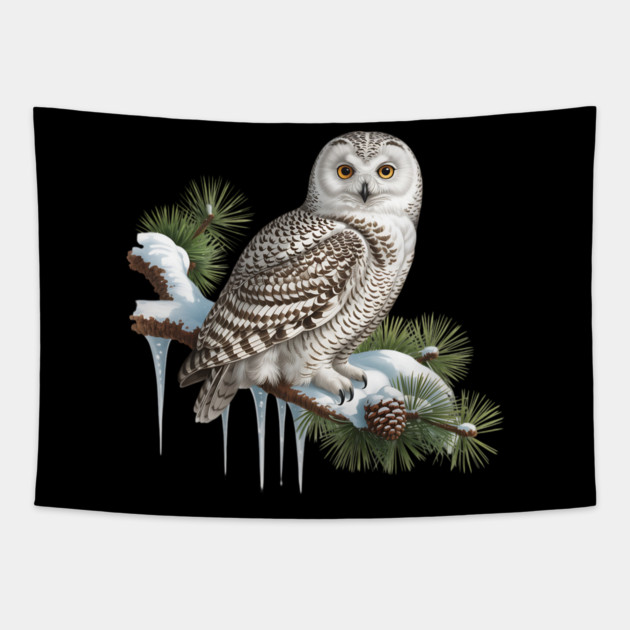 Snowy Owl on Icy Pine Branch Vintage Winter Art Tapestry by BirdsnStuff