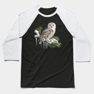 Snowy Owl on Icy Pine Branch Vintage Winter Art Baseball T-Shirt
