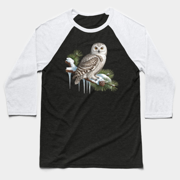 Snowy Owl on Icy Pine Branch Vintage Winter Art Baseball T-Shirt by BirdsnStuff