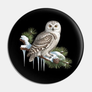 Snowy Owl on Icy Pine Branch Vintage Winter Art Pin