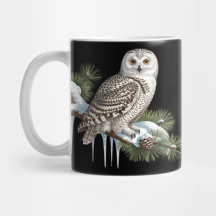 Snowy Owl on Icy Pine Branch Vintage Winter Art Mug