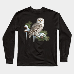 Snowy Owl on Icy Pine Branch Vintage Winter Art Long Sleeve T-Shirt
