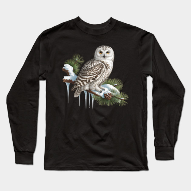 Snowy Owl on Icy Pine Branch Vintage Winter Art Long Sleeve T-Shirt by BirdsnStuff