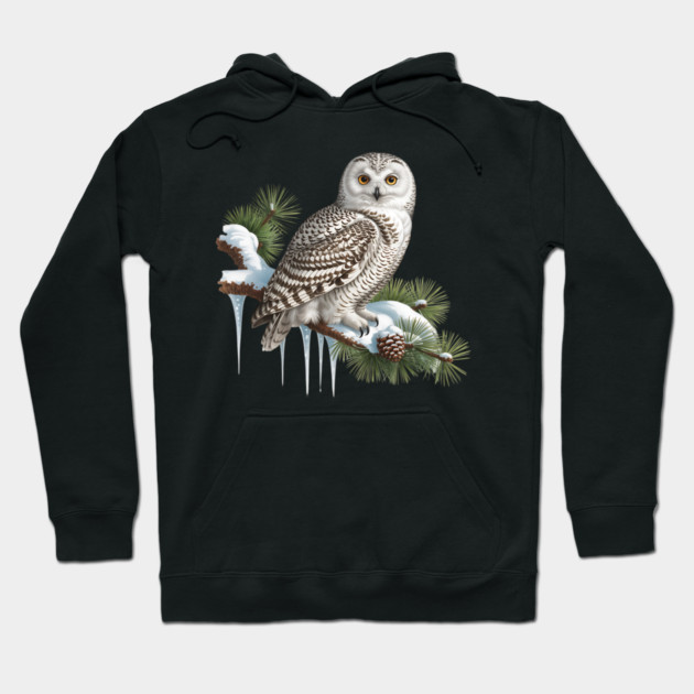 Snowy Owl on Icy Pine Branch Vintage Winter Art Hoodie by BirdsnStuff