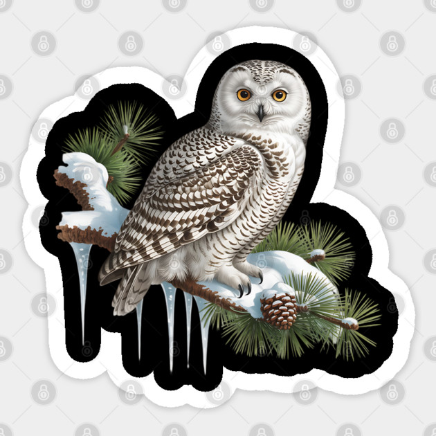 Snowy Owl on Icy Pine Branch Vintage Winter Art Sticker by BirdsnStuff