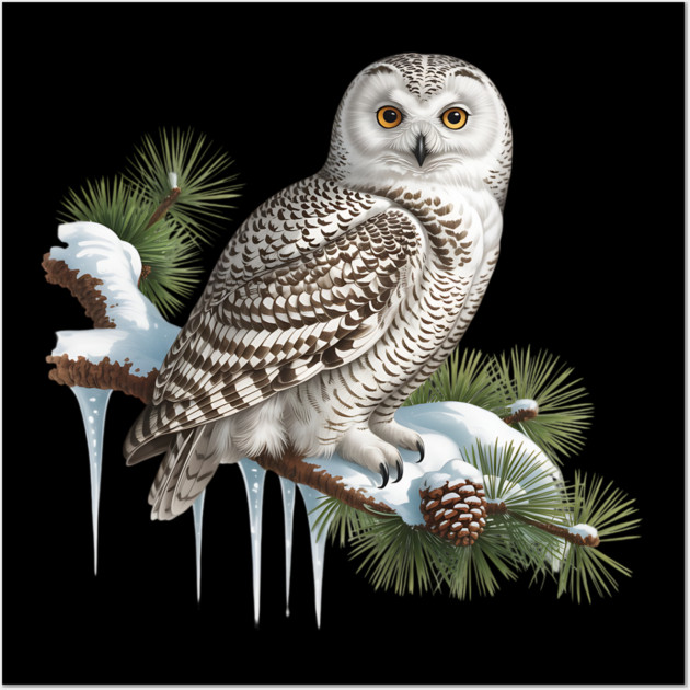 Snowy Owl on Icy Pine Branch Vintage Winter Art Wall Art by BirdsnStuff