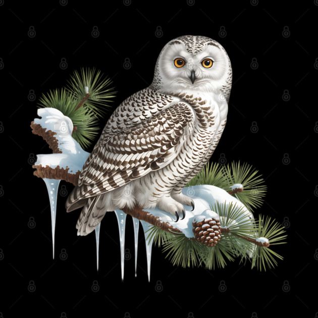 Snowy Owl on Icy Pine Branch Vintage Winter Art by BirdsnStuff