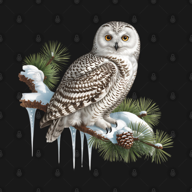 Snowy Owl on Icy Pine Branch Vintage Winter Art by BirdsnStuff