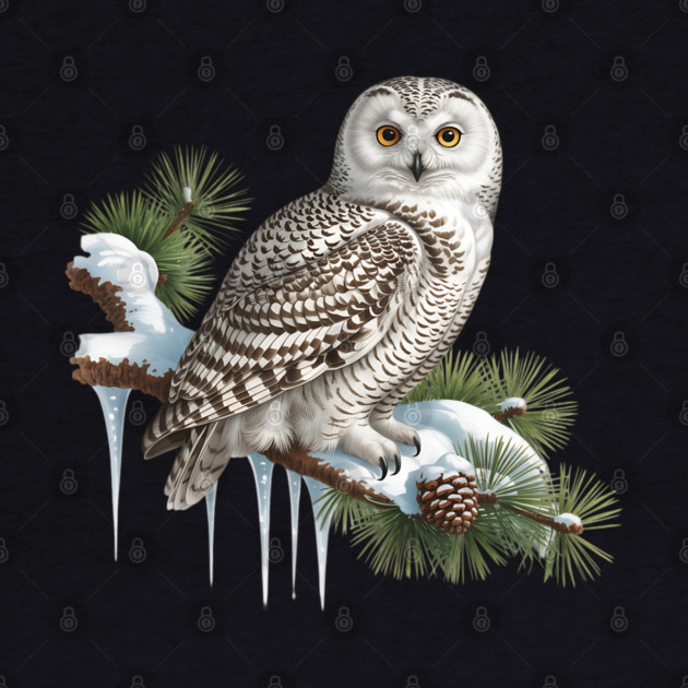 Snowy Owl on Icy Pine Branch Vintage Winter Art by BirdsnStuff