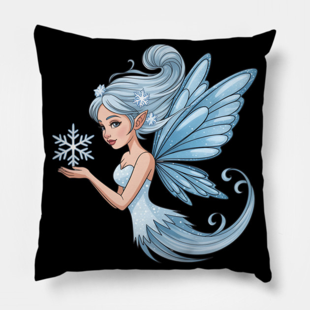 Winter Fairy with Snowflake and Sparkling Blue Wings Pillow by BirdsnStuff