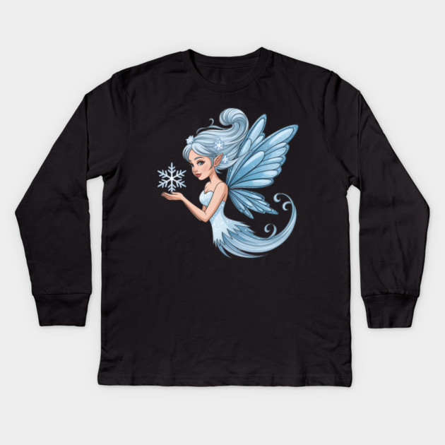 Winter Fairy with Snowflake and Sparkling Blue Wings Kids Long Sleeve T-Shirt by BirdsnStuff