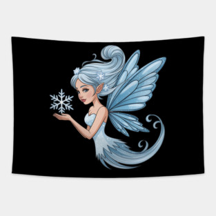 Winter Fairy with Snowflake and Sparkling Blue Wings Tapestry