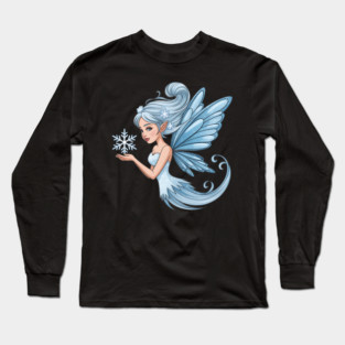 Winter Fairy with Snowflake and Sparkling Blue Wings Long Sleeve T-Shirt