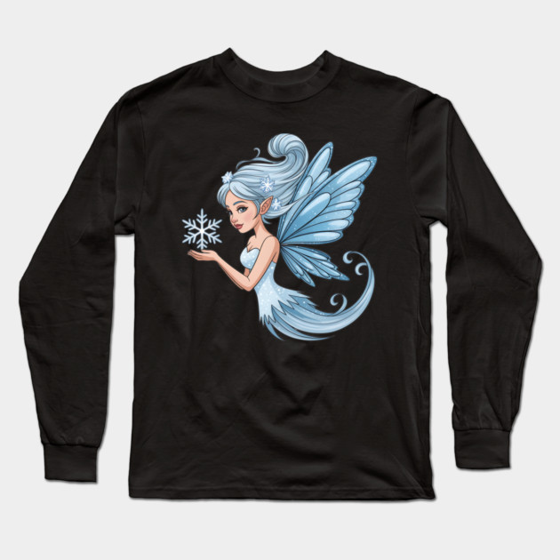 Winter Fairy with Snowflake and Sparkling Blue Wings Long Sleeve T-Shirt by BirdsnStuff