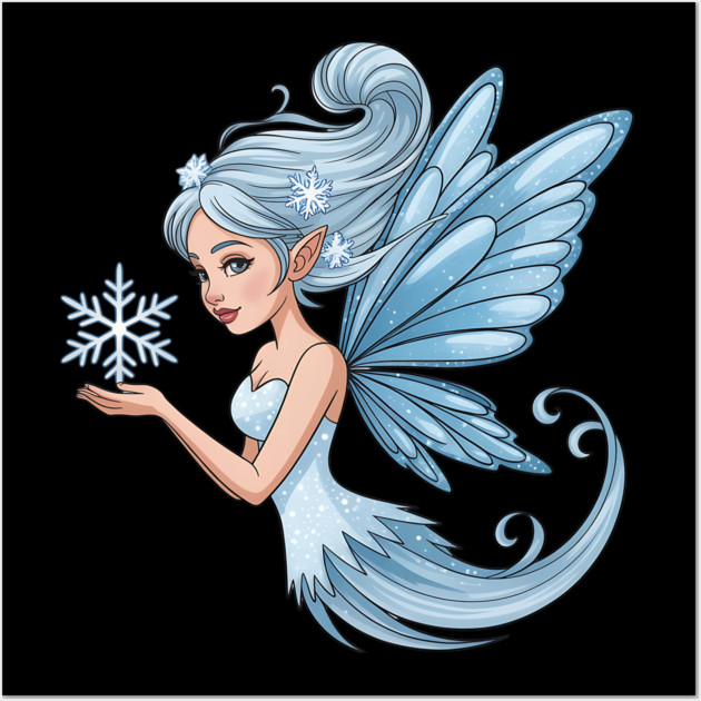 Winter Fairy with Snowflake and Sparkling Blue Wings Wall Art by BirdsnStuff