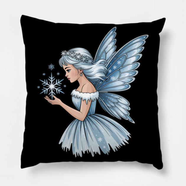 Winter Fairy with Snowflake and Sparkling Blue Wings Pillow by BirdsnStuff