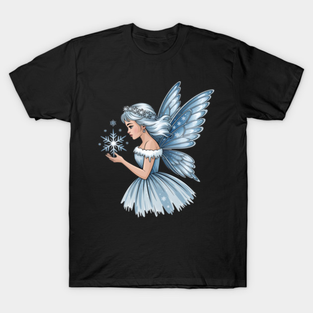 Winter Fairy with Snowflake and Sparkling Blue Wings T-Shirt by BirdsnStuff