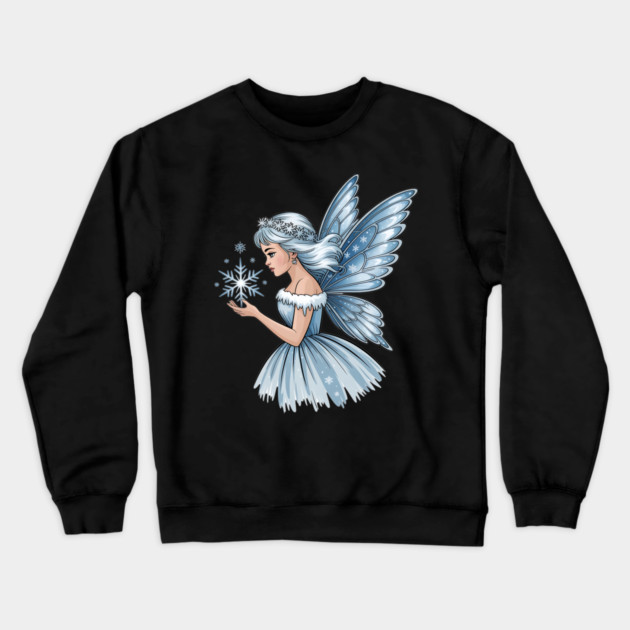 Winter Fairy with Snowflake and Sparkling Blue Wings Crewneck Sweatshirt by BirdsnStuff