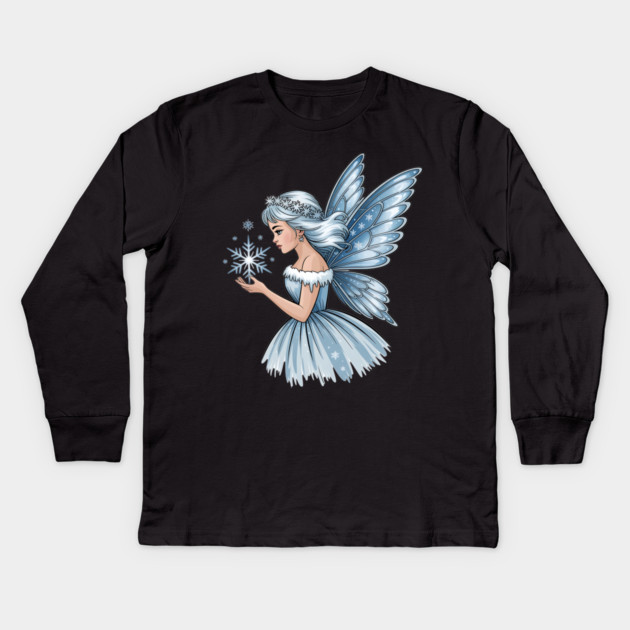 Winter Fairy with Snowflake and Sparkling Blue Wings Kids Long Sleeve T-Shirt by BirdsnStuff