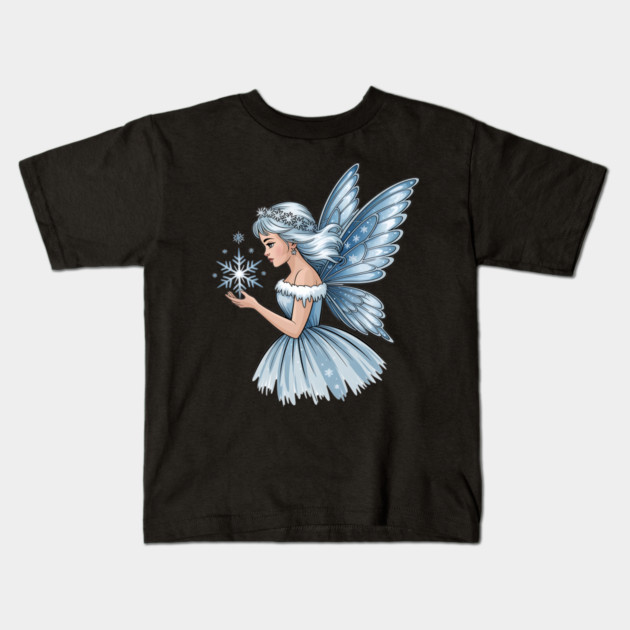 Winter Fairy with Snowflake and Sparkling Blue Wings Kids T-Shirt by BirdsnStuff