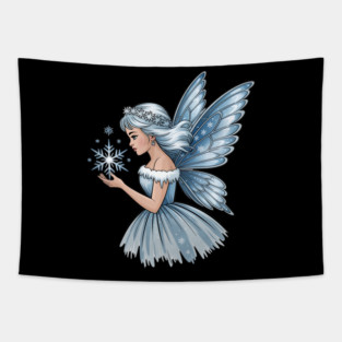 Winter Fairy with Snowflake and Sparkling Blue Wings Tapestry