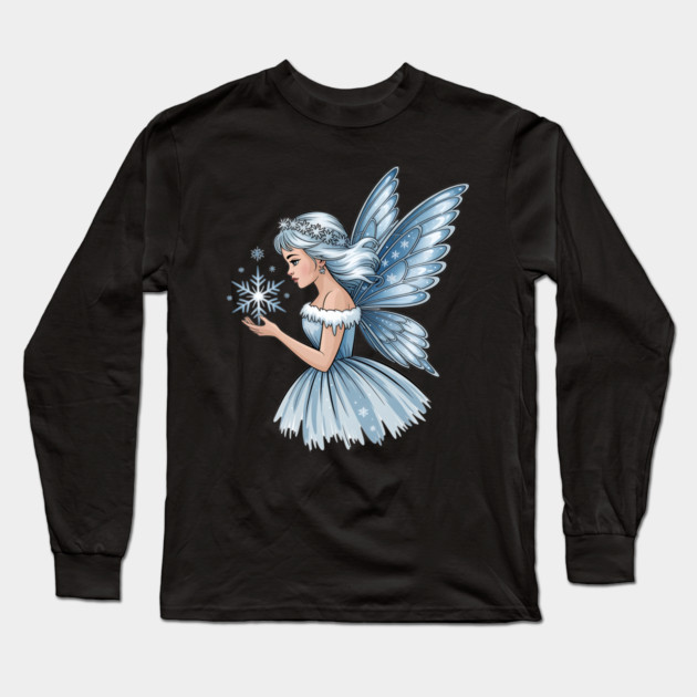 Winter Fairy with Snowflake and Sparkling Blue Wings Long Sleeve T-Shirt by BirdsnStuff