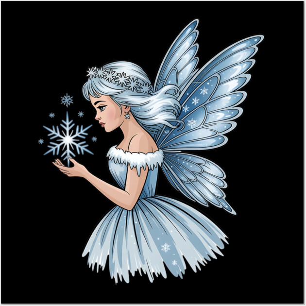 Winter Fairy with Snowflake and Sparkling Blue Wings Wall Art by BirdsnStuff