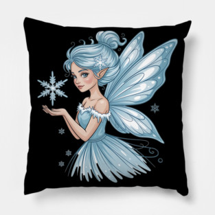 Winter Fairy with Snowflake and Sparkling Blue Wings Pillow