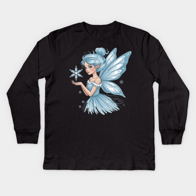 Winter Fairy with Snowflake and Sparkling Blue Wings Kids Long Sleeve T-Shirt by BirdsnStuff