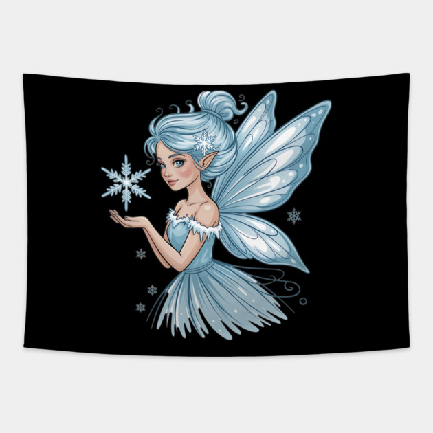 Winter Fairy with Snowflake and Sparkling Blue Wings Tapestry by BirdsnStuff