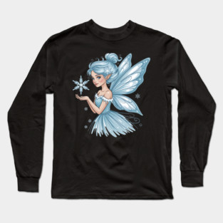 Winter Fairy with Snowflake and Sparkling Blue Wings Long Sleeve T-Shirt