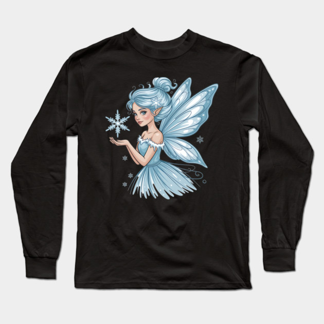 Winter Fairy with Snowflake and Sparkling Blue Wings Long Sleeve T-Shirt by BirdsnStuff