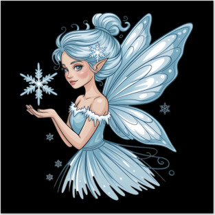 Winter Fairy with Snowflake and Sparkling Blue Wings Posters and Art