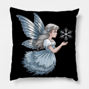 Winter Fairy with Snowflake and Sparkling Blue Wings Pillow