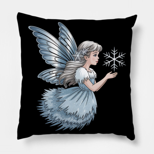 Winter Fairy with Snowflake and Sparkling Blue Wings Pillow by BirdsnStuff