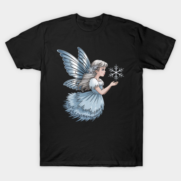 Winter Fairy with Snowflake and Sparkling Blue Wings T-Shirt by BirdsnStuff