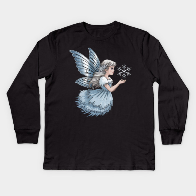 Winter Fairy with Snowflake and Sparkling Blue Wings Kids Long Sleeve T-Shirt by BirdsnStuff