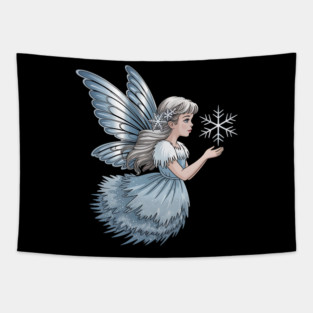 Winter Fairy with Snowflake and Sparkling Blue Wings Tapestry