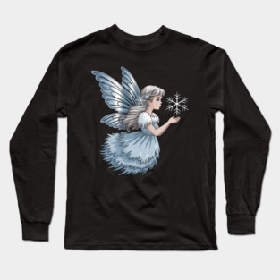Winter Fairy with Snowflake and Sparkling Blue Wings Long Sleeve T-Shirt